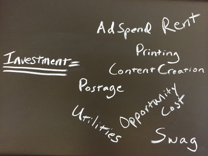 Ad spend, printing and content creation are all types of investment