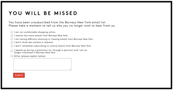 Barneys New York Unsubscribe Message