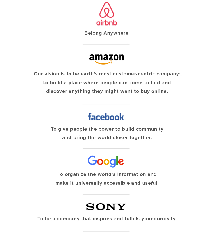 AirBnb Amazon Facebook Google Sony mission statements