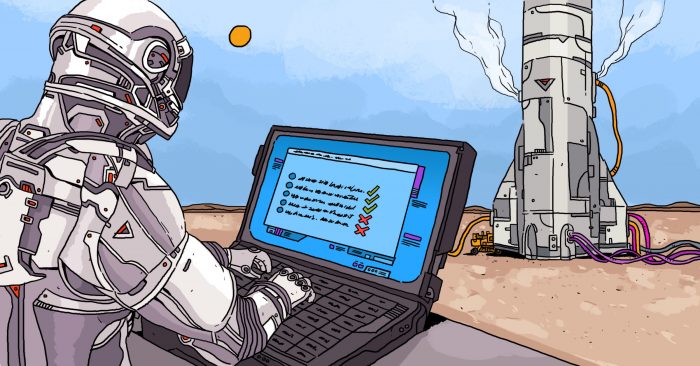 Illustration of an astronaut completing a checklist preparing for growth marketing launch